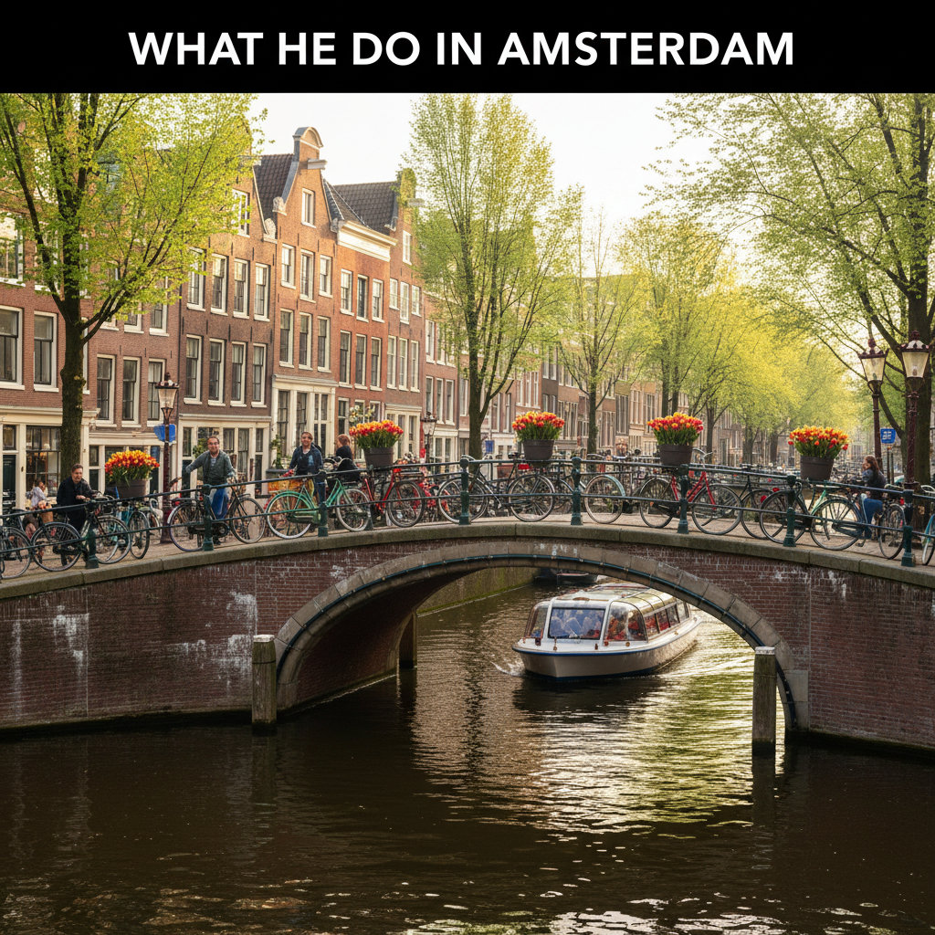 Amsterdam canal scene with bikes, boats, tulips, and people enjoying a sunny day by the water.