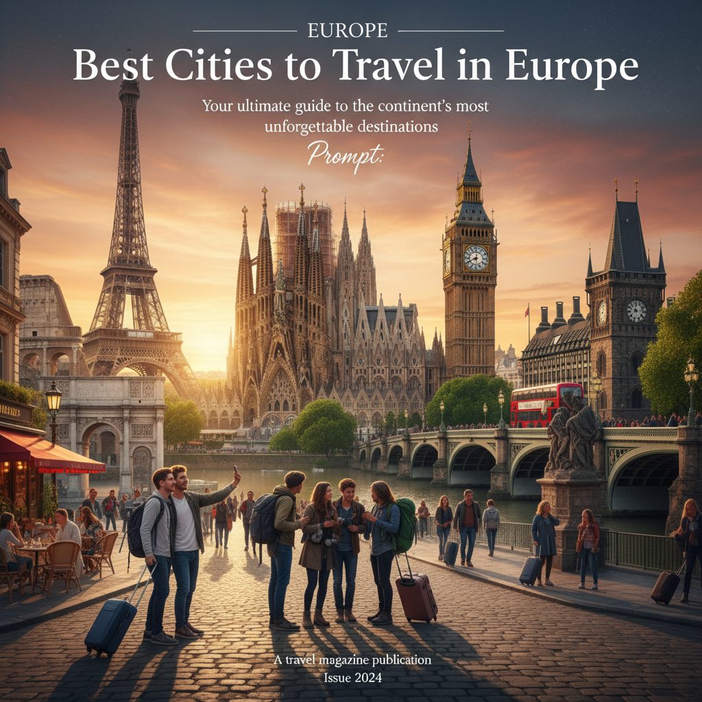 Collage of Europe’s iconic landmarks, lively travelers, and golden-hour cityscapes inspire wanderlust.