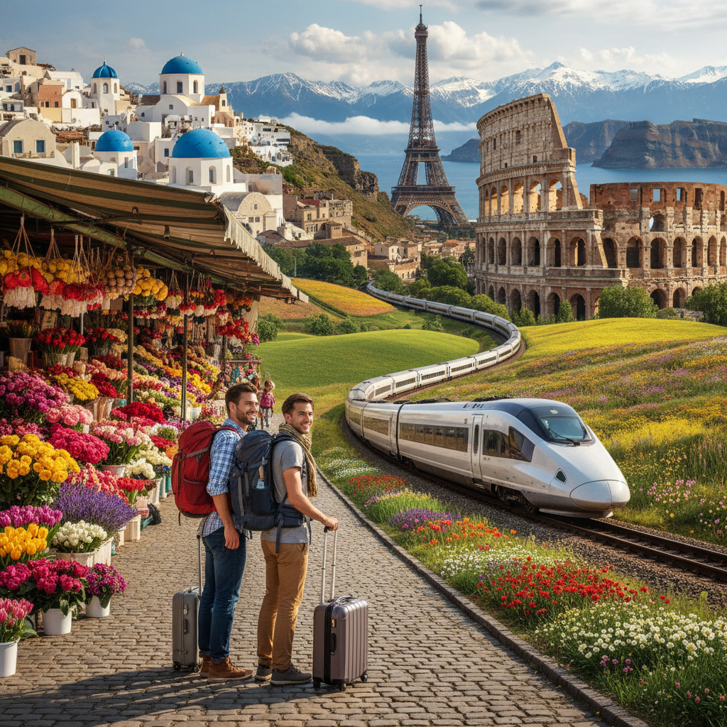 alt_text A vibrant scene blending Europe’s landmarks, travelers, trains, markets, and scenic landscapes.