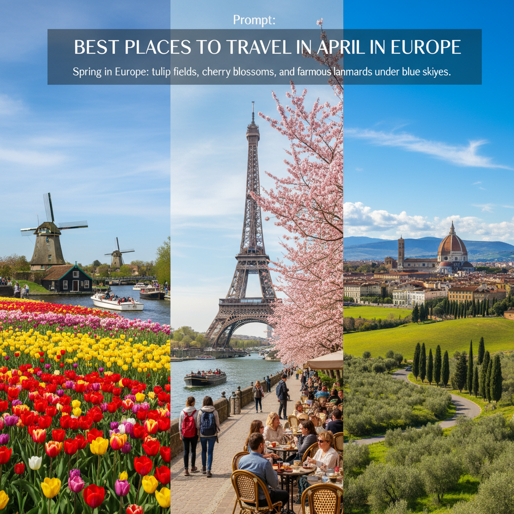 Spring in Europe: tulip fields, cherry blossoms, green hills, and famous landmarks under blue skies.