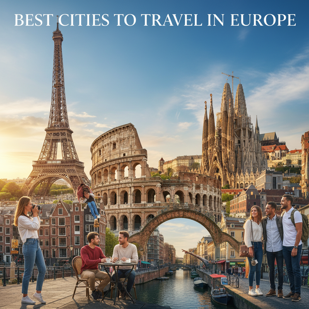 alt_text Travelers enjoy iconic European landmarks and vibrant city life in a stunning, inviting cityscape collage.