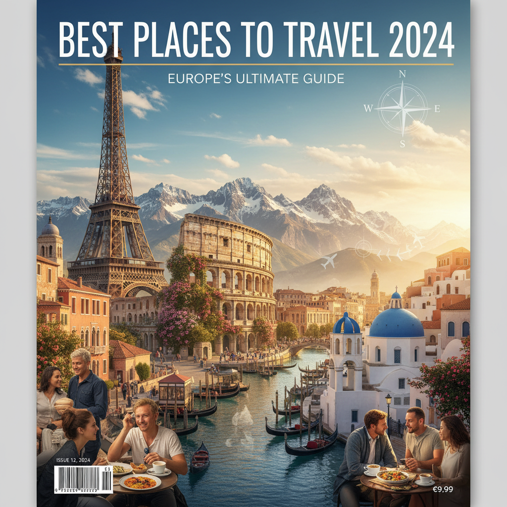 A vibrant magazine cover showing Europe’s landmarks, tourists, and the title: Best Places to Travel 2024.