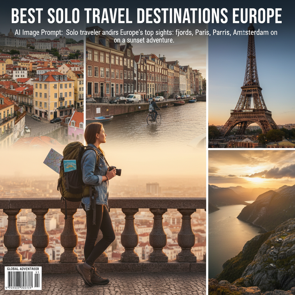 Solo traveler admires Europe’s top sights: fjords, Paris, Amsterdam, and Lisbon on a sunset adventure.