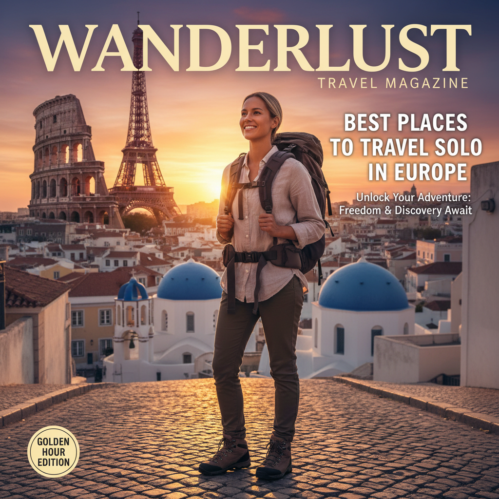 Solo traveler with backpack explores iconic European landmarks at sunset, inspiring adventure and freedom.