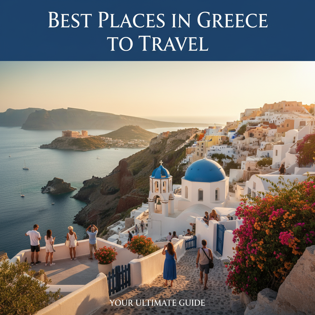 A stunning Greek seascape with Santorini, ancient ruins, green hills, Meteora, and scenic travelers.