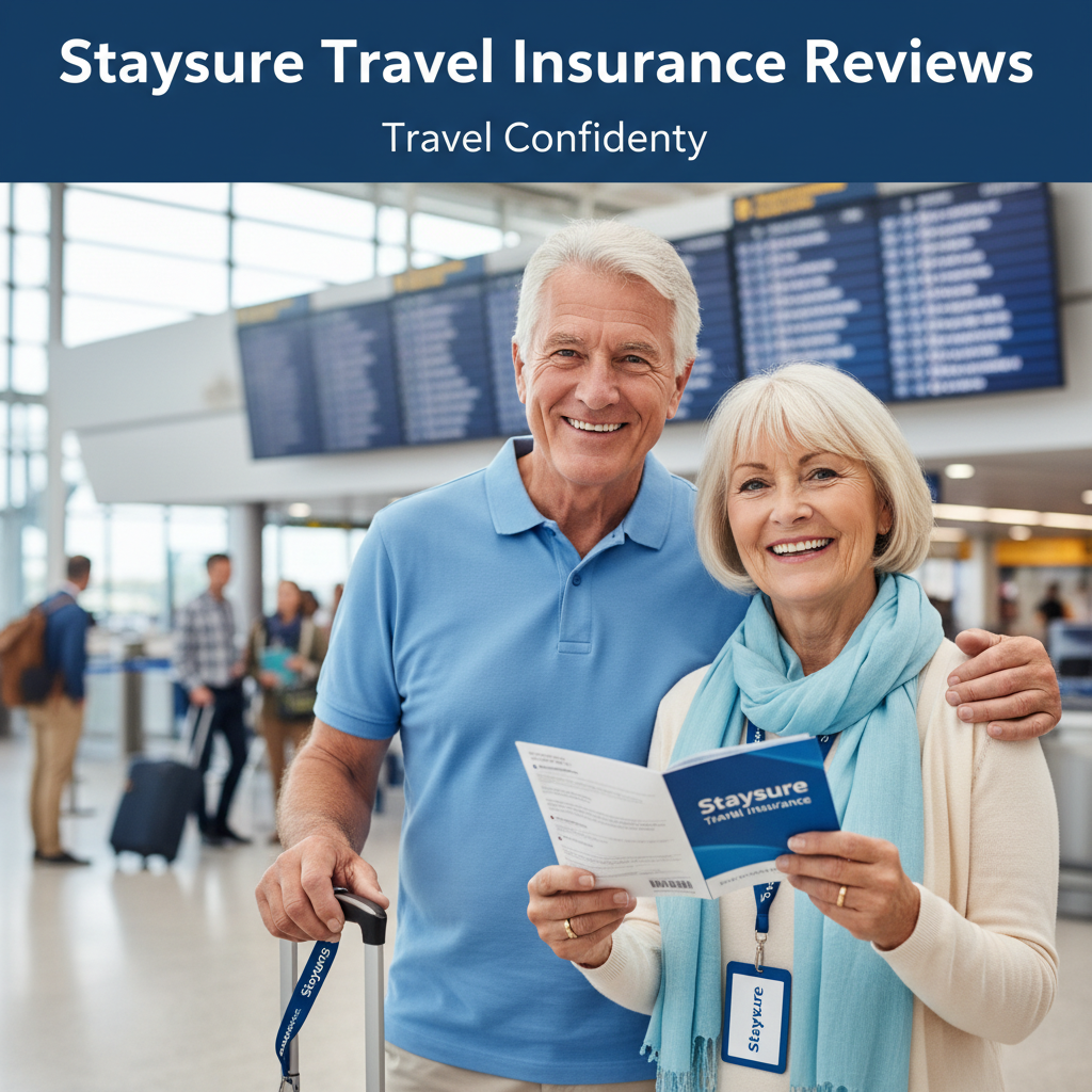 alt_text Smiling senior couple with Staysure documents at airport, ready to travel confidently with insurance.