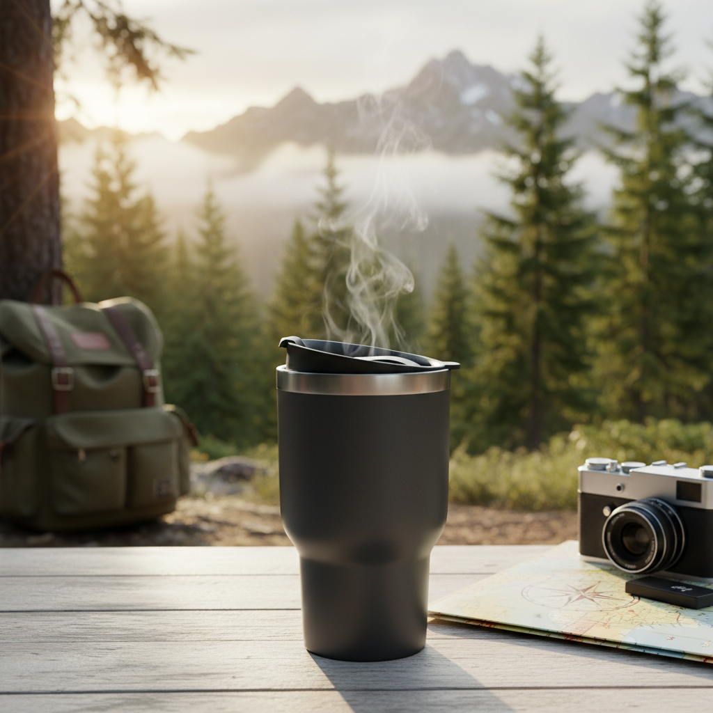 A stylish stainless steel travel mug on a wooden table with steam, a forest view, backpack, and map.