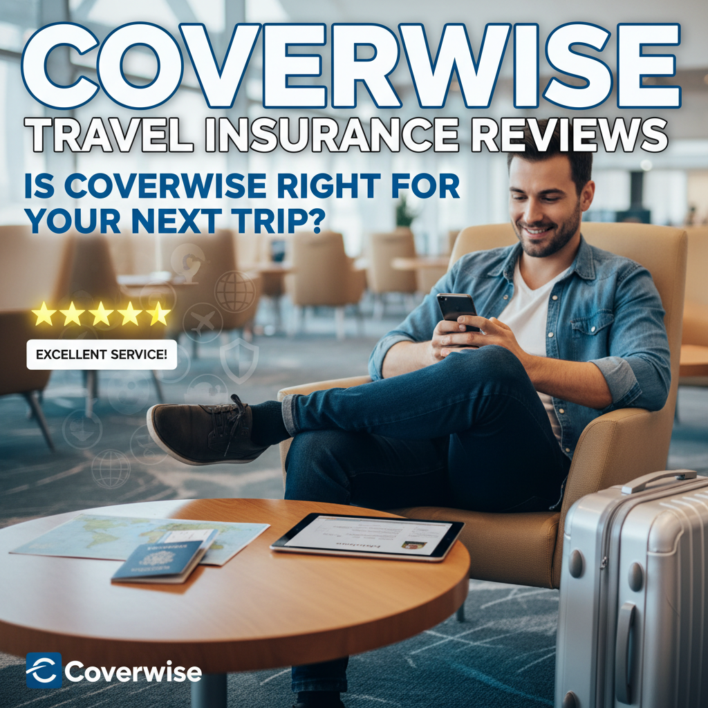 Traveler reviews Coverwise Travel Insurance at airport lounge with ratings, documents, and travel icons.