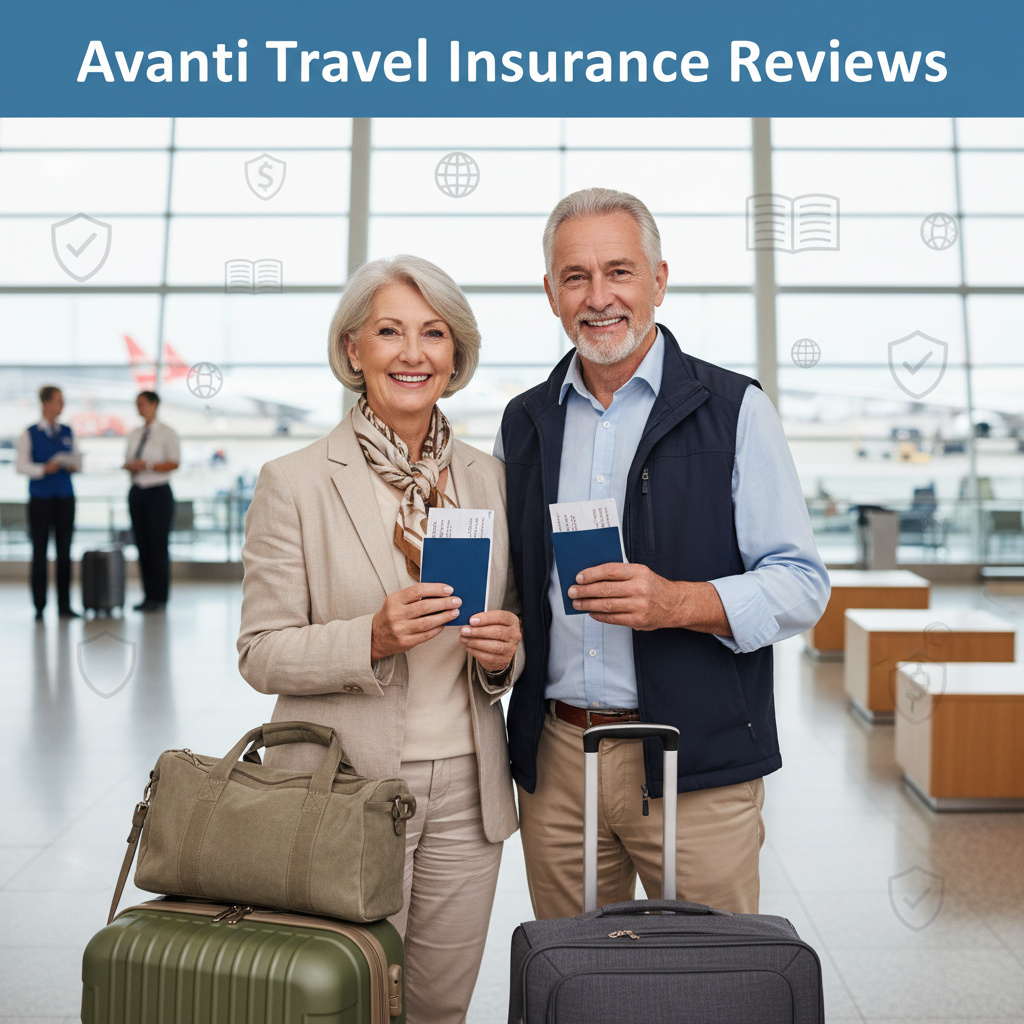 Mature couple at airport with luggage, holding travel documents, for Avanti Travel Insurance Reviews.