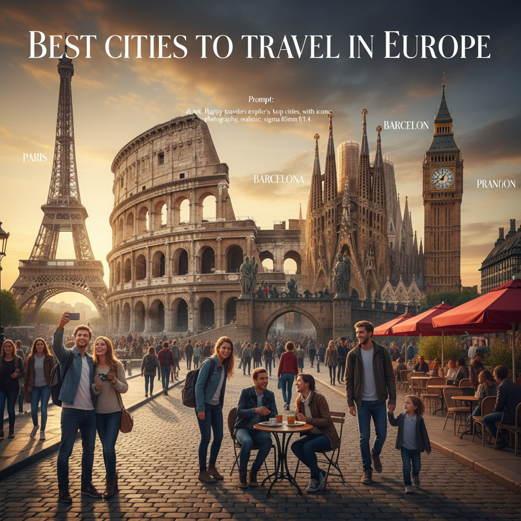 alt_text Happy travelers explore Europe's top cities, with iconic landmarks and lively, sunset-lit streets.