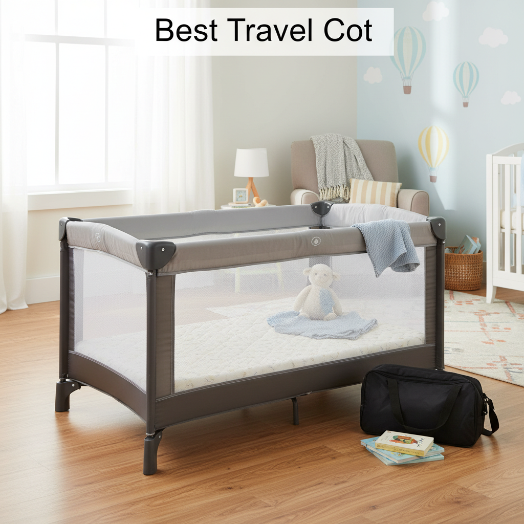 Modern travel cot in a bright, cozy room with accessories, plush toy, and “Best Travel Cot” overlay.