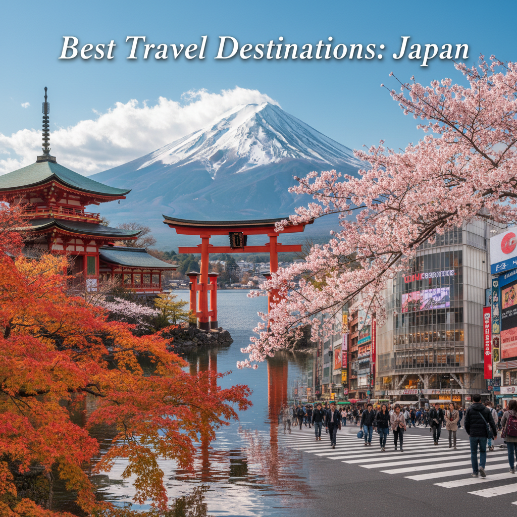 alt_text Collage of Mount Fuji, cherry blossoms, torii gate, Shibuya Crossing, and Kyoto temple in Japan.