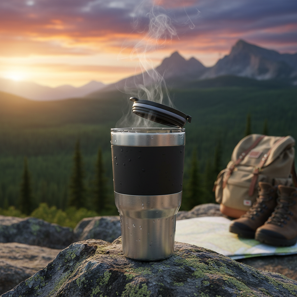 Sleek travel mug on a scenic mountain, steaming with coffee—perfect for adventure and exploration.