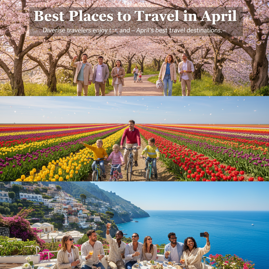Diverse travelers enjoy cherry blossoms, tulips, and coastal views—April’s best travel destinations.