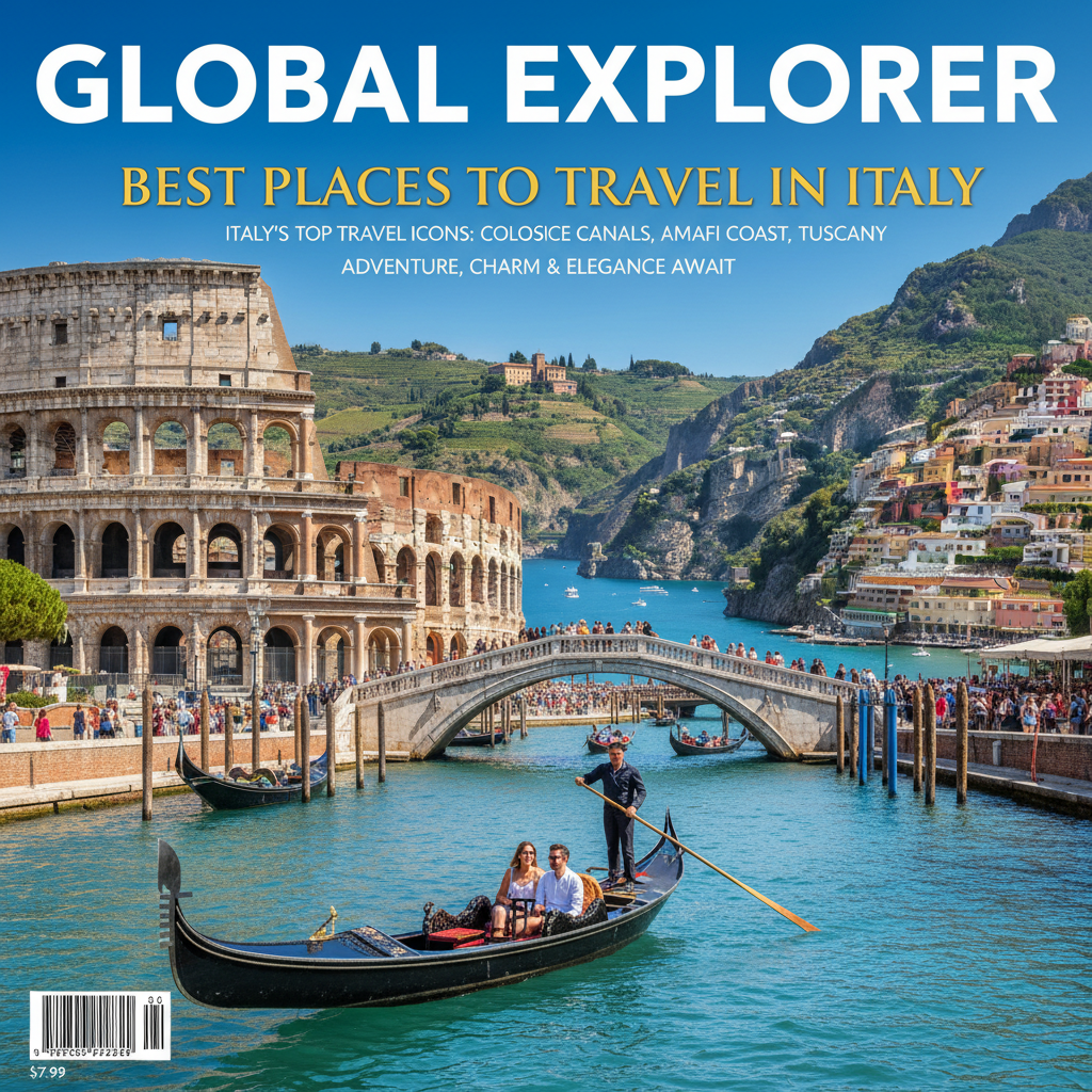 Italy’s top travel icons—Colosseum, Venice canals, Amalfi Coast, Tuscany—merge in vibrant allure.