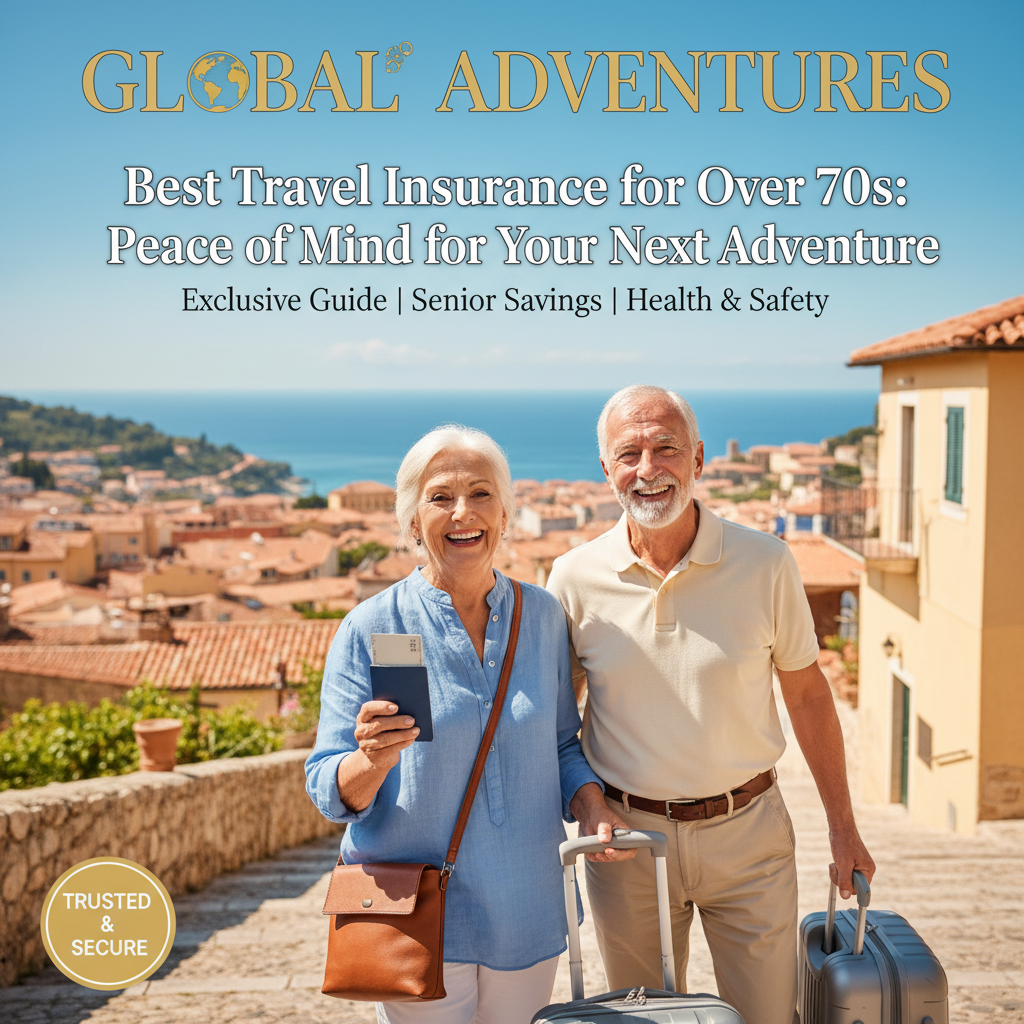 alt_text Smiling senior couple with luggage at a scenic destination; travel insurance for over 70s featured.