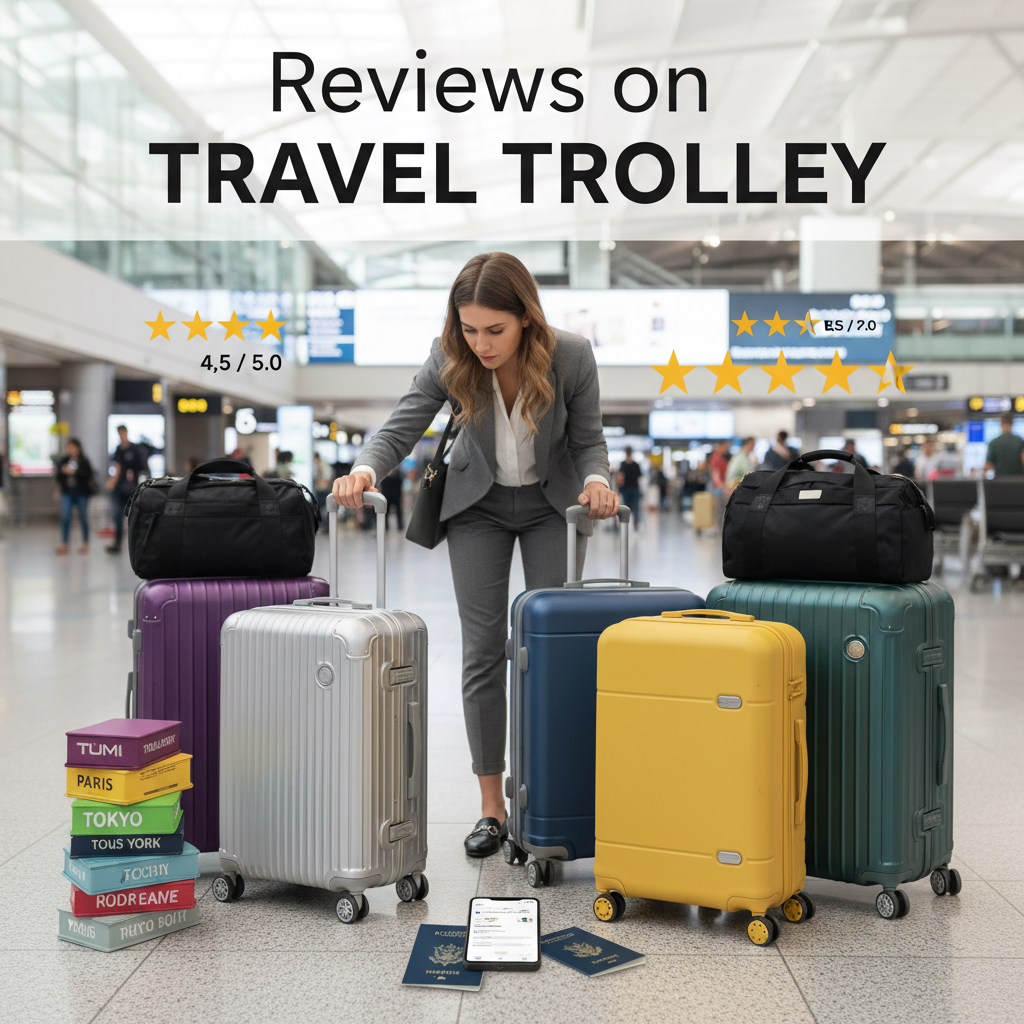 Modern travel trolleys reviewed in an airport: stylish suitcases, brands, traveler, star ratings.
