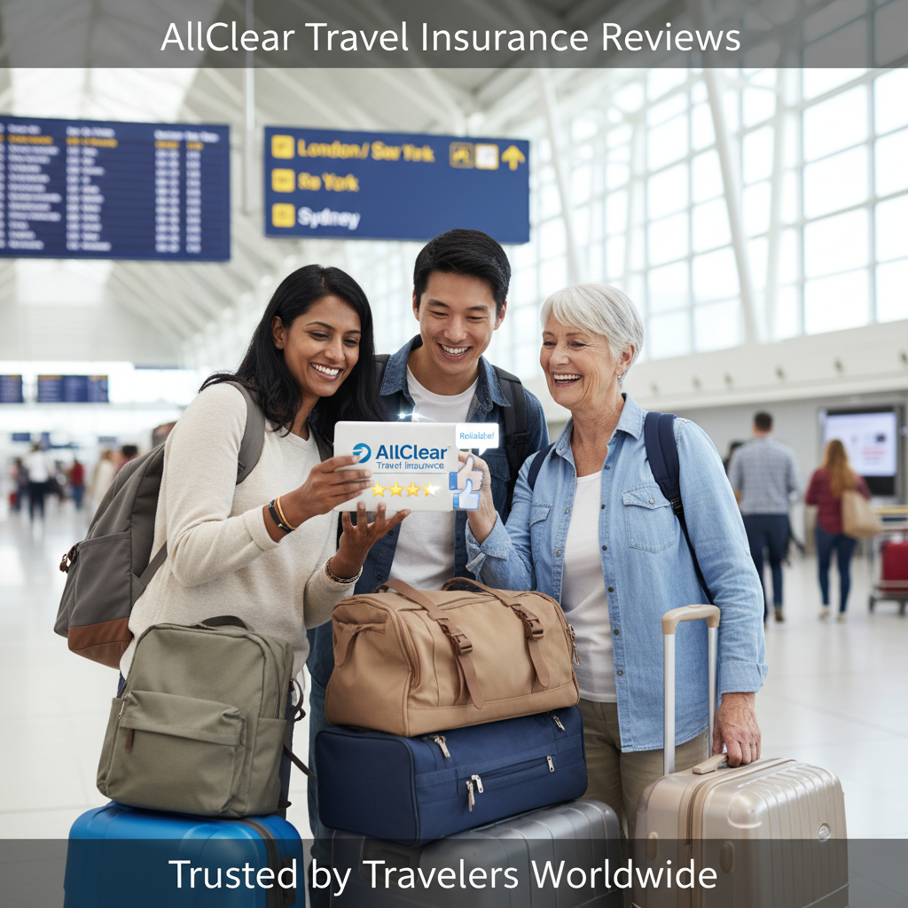 Diverse travelers at airport reviewing AllClear Travel Insurance, showing five-star ratings and smiles.