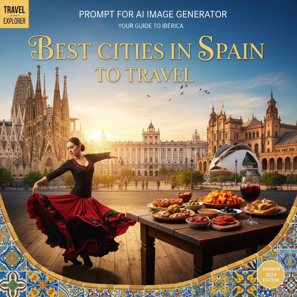 Vibrant magazine cover showing Spain’s top cities, landmarks, flamenco, tapas, and mosaic tiles.