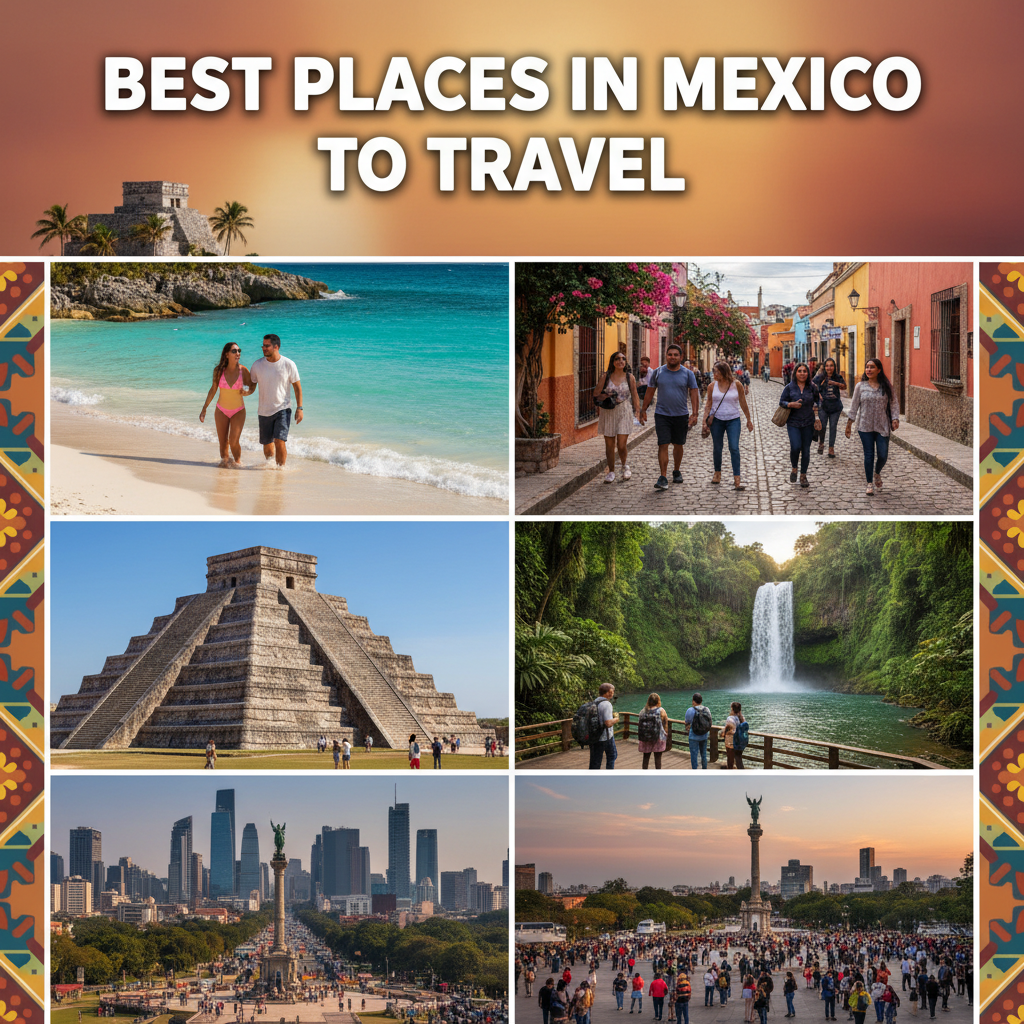 alt_text Collage of Mexico’s beaches, pyramids, cities, and jungles with travelers under “Best Places in Mexico.”