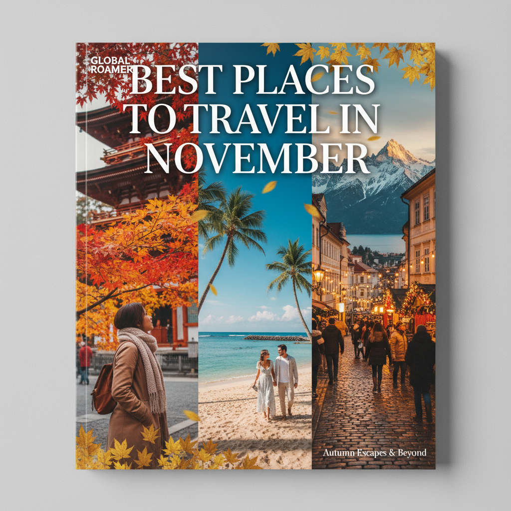 Vibrant magazine cover showing top November travel spots with autumn leaves, beaches, and cityscapes.