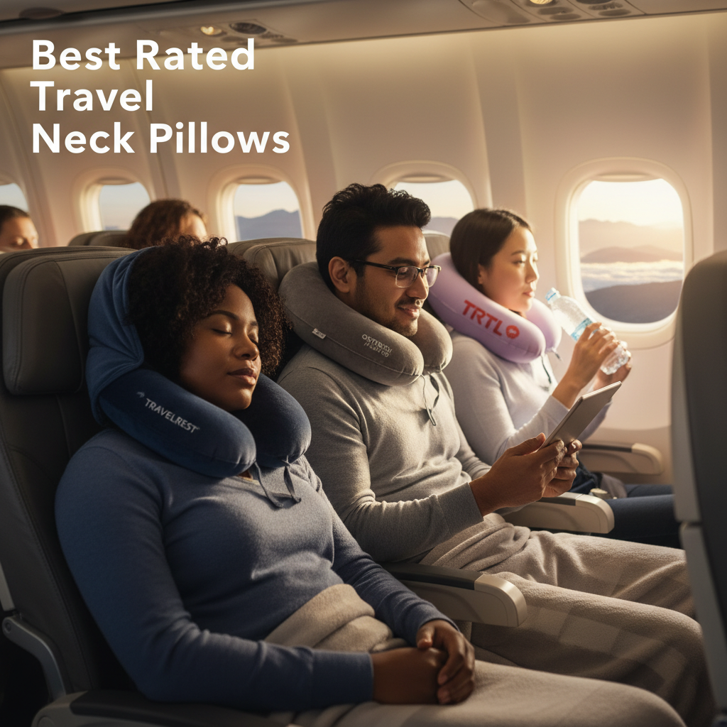 alt_text: Travelers in an airplane relax with colorful, plush neck pillows; title highlights top-rated picks.