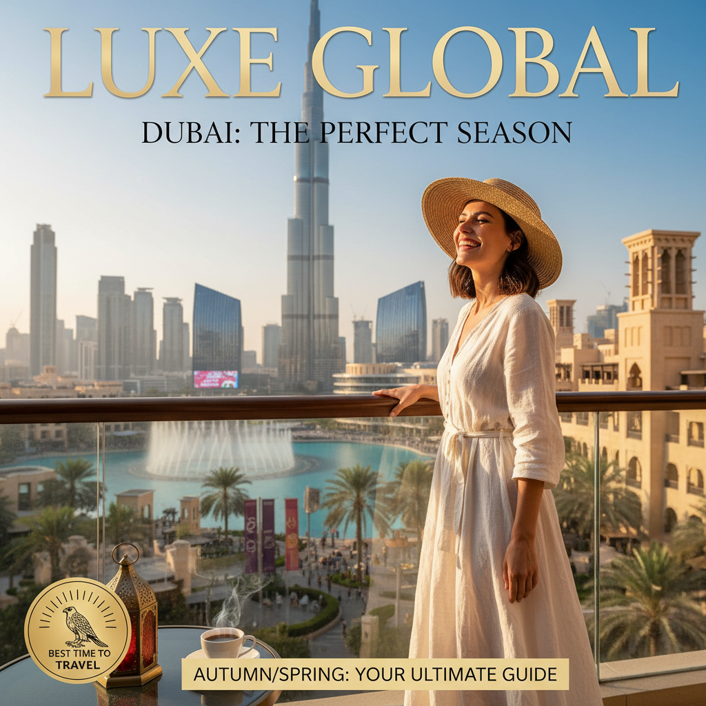 alt_text Stylish traveler enjoys Dubai skyline with Burj Khalifa, sunshine, and cultural vibes—ideal travel season.