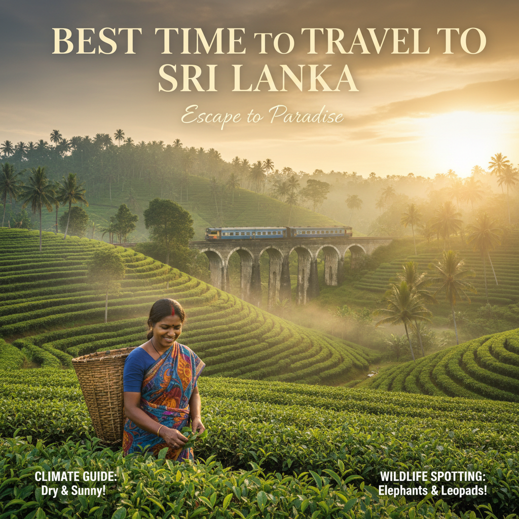 Lush Sri Lankan tea fields at sunrise, local woman picking leaves, train crosses Nine Arch Bridge.