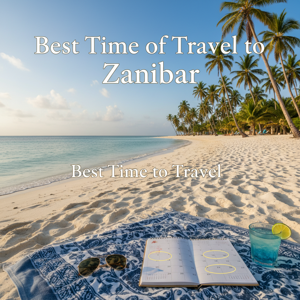 Sunlit Zanzibar beach scene with a calendar highlighting ideal travel months; tranquil, inviting vibe.