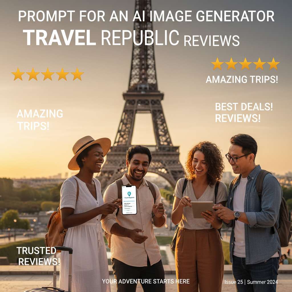 Smiling travelers at a landmark, five-star reviews, and a phone with the Travel Republic app visible.