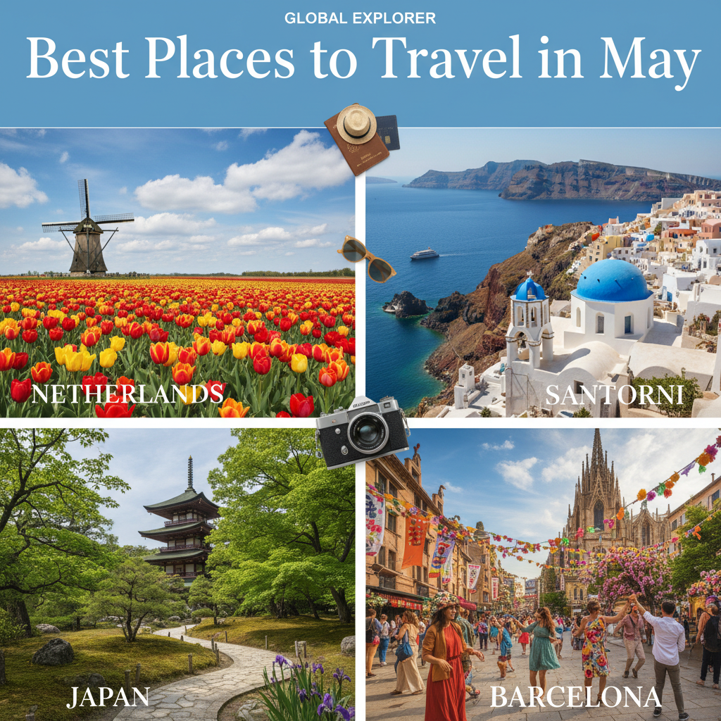 alt_text: A vibrant collage of May’s top travel spots: Netherlands, Santorini, Japan, and Barcelona in spring.