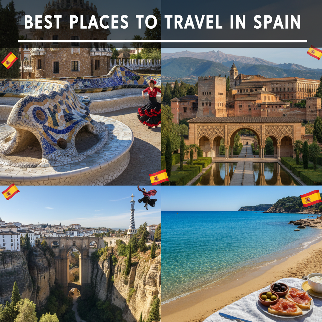 Collage of Spain’s top sights: Park Güell, Alhambra, Ronda, beaches, tapas, flamenco, and flags.