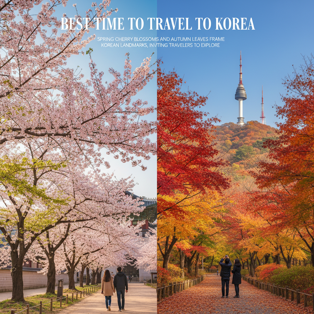 Spring cherry blossoms and autumn leaves frame Korean landmarks, inviting travelers to explore Korea.