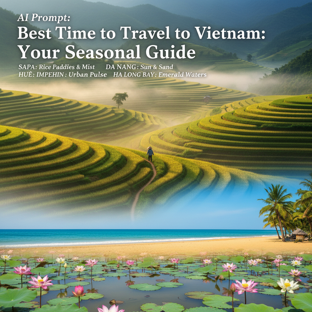 alt_text: Seasonal guide cover shows Vietnam’s lush fields, spring lotus, and Da Nang’s sunny beach.