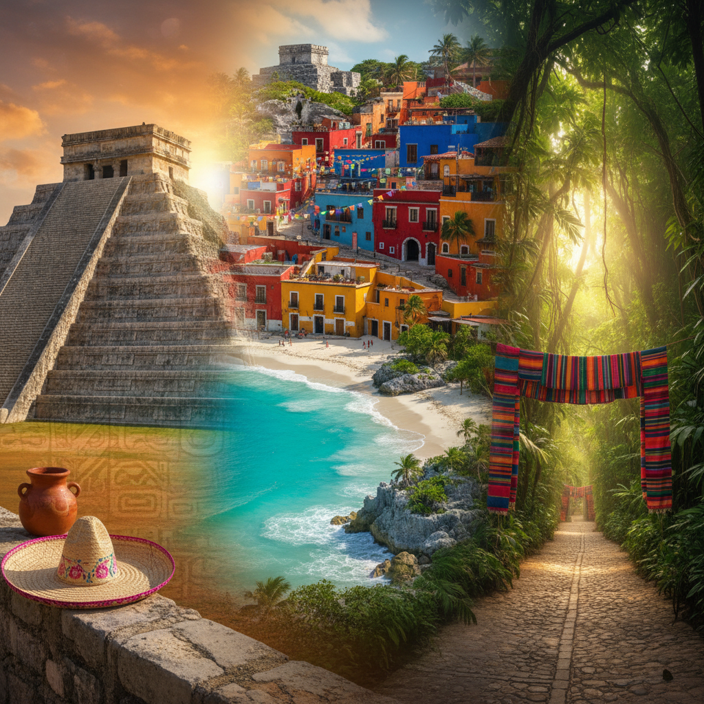 A vibrant collage of Mexico’s top travel spots: Chichen Itza, Tulum, Guanajuato, and Chiapas.