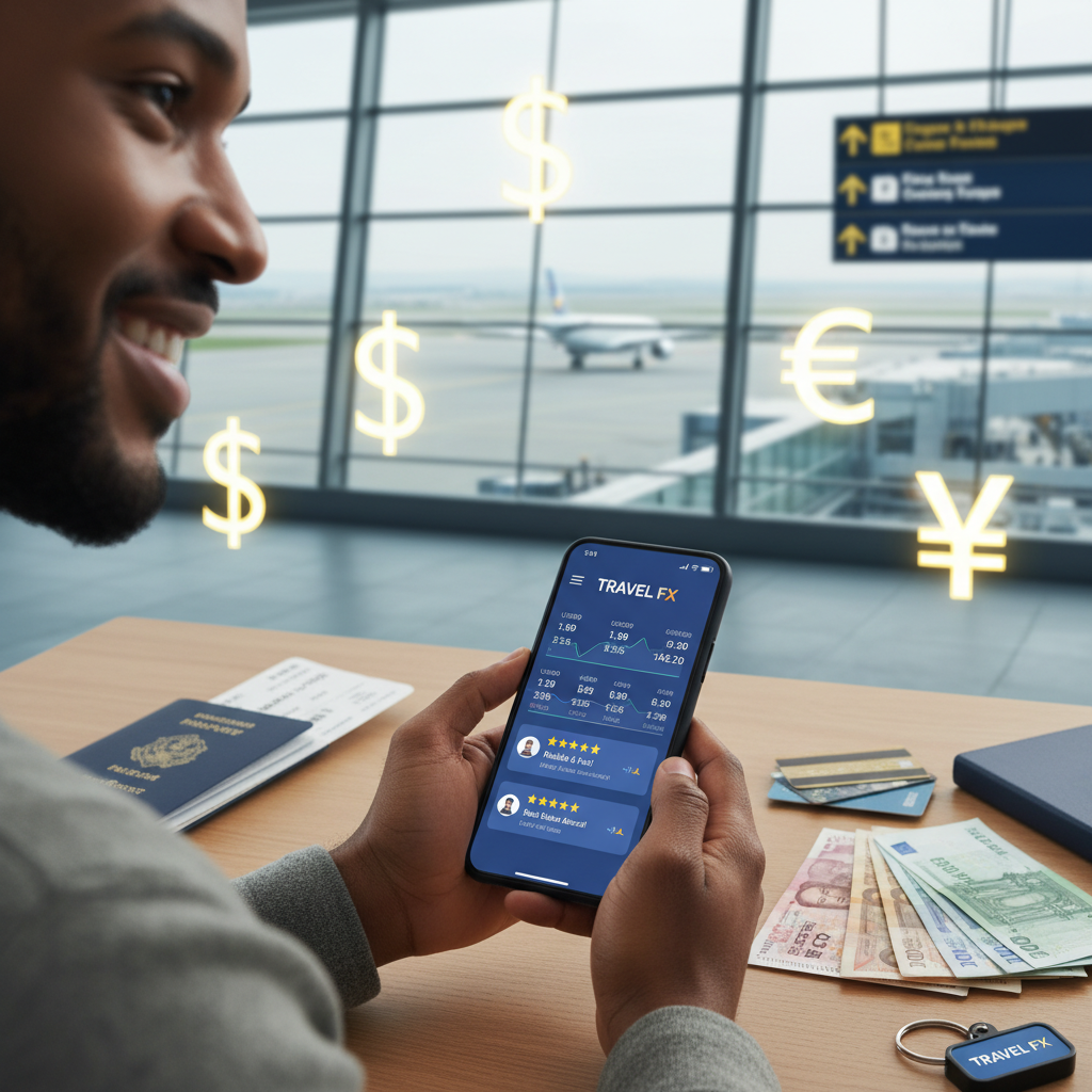Traveler at airport checks Travel FX app, reviews, and exchange rates, surrounded by travel essentials.