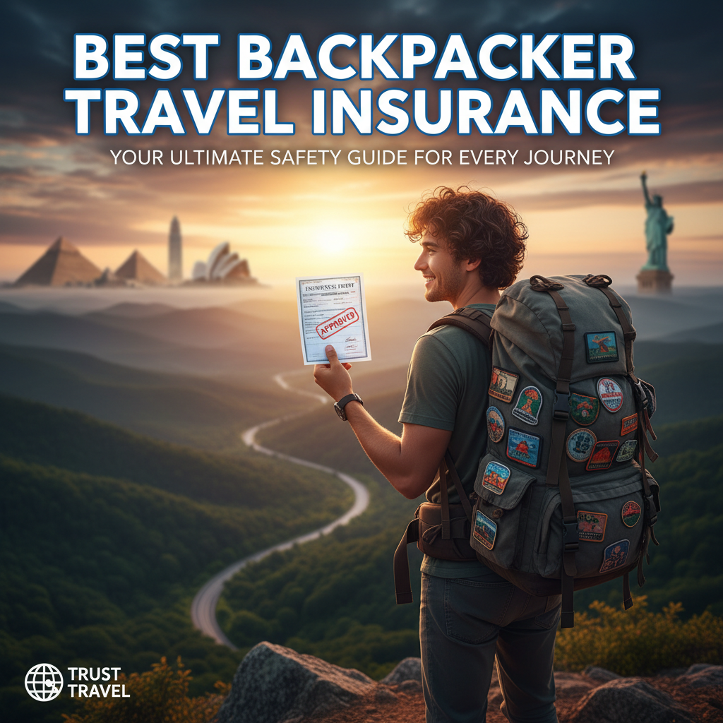 Backpacker atop mountain at sunrise, holding approved insurance, inspiring safety and adventure worldwide.
