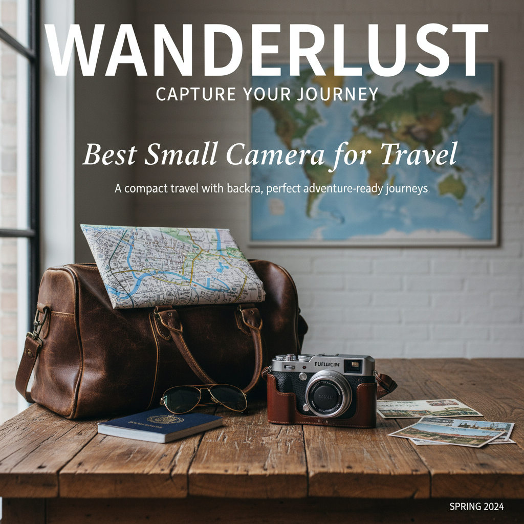 A compact travel camera with maps, passport, and sunglasses, perfect for adventure-ready journeys.