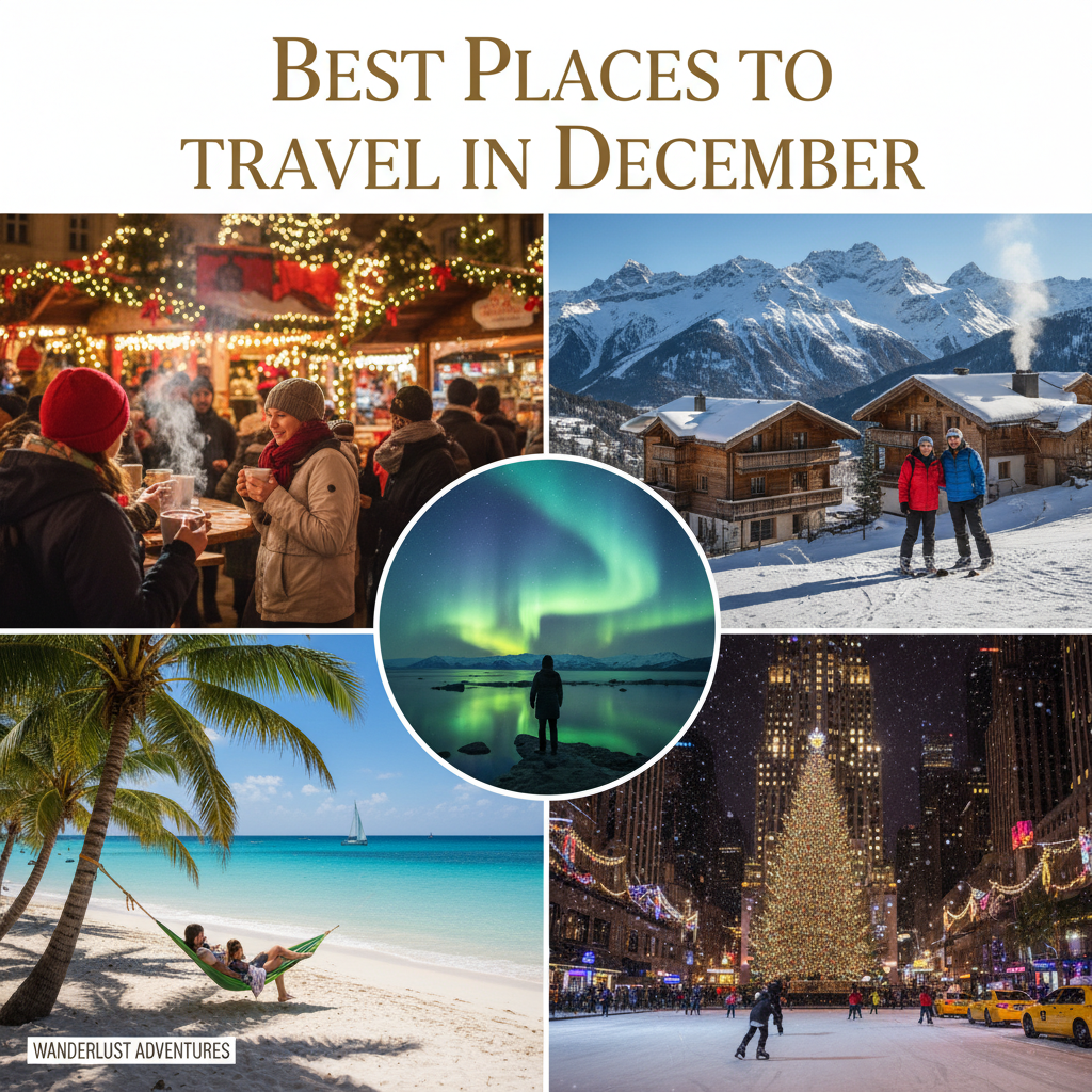 alt_text Vibrant magazine cover shows top December travel spots—snowy Alps, Caribbean beaches, NYC, and more.