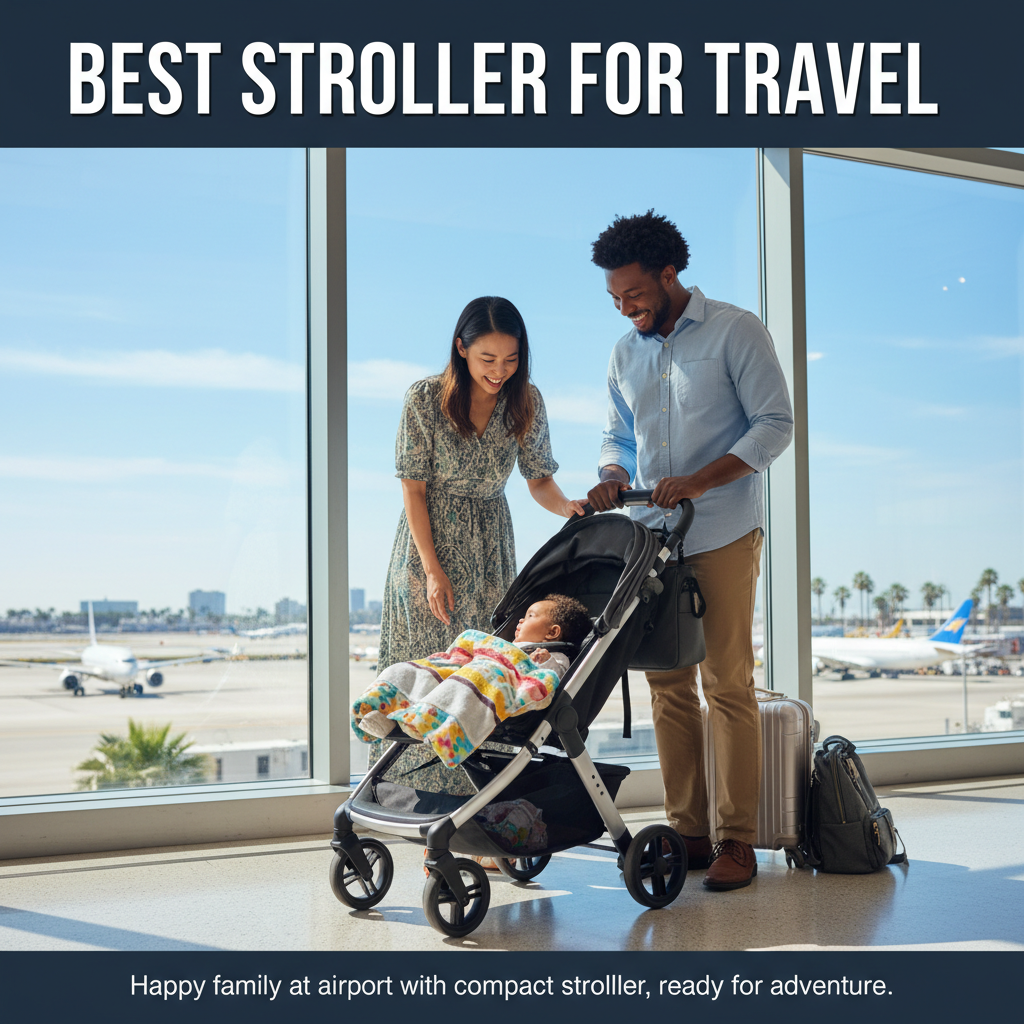 Best Stroller for Travel: Happy family at airport with compact stroller, ready for adventure.