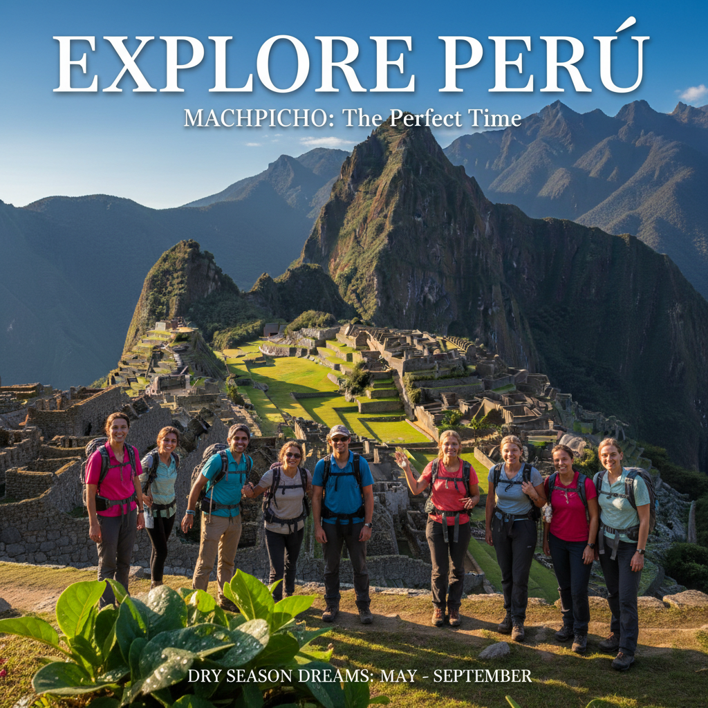 Machu Picchu in bright dry season sunrise, happy hikers, clear skies, and lush green terraces in bloom.