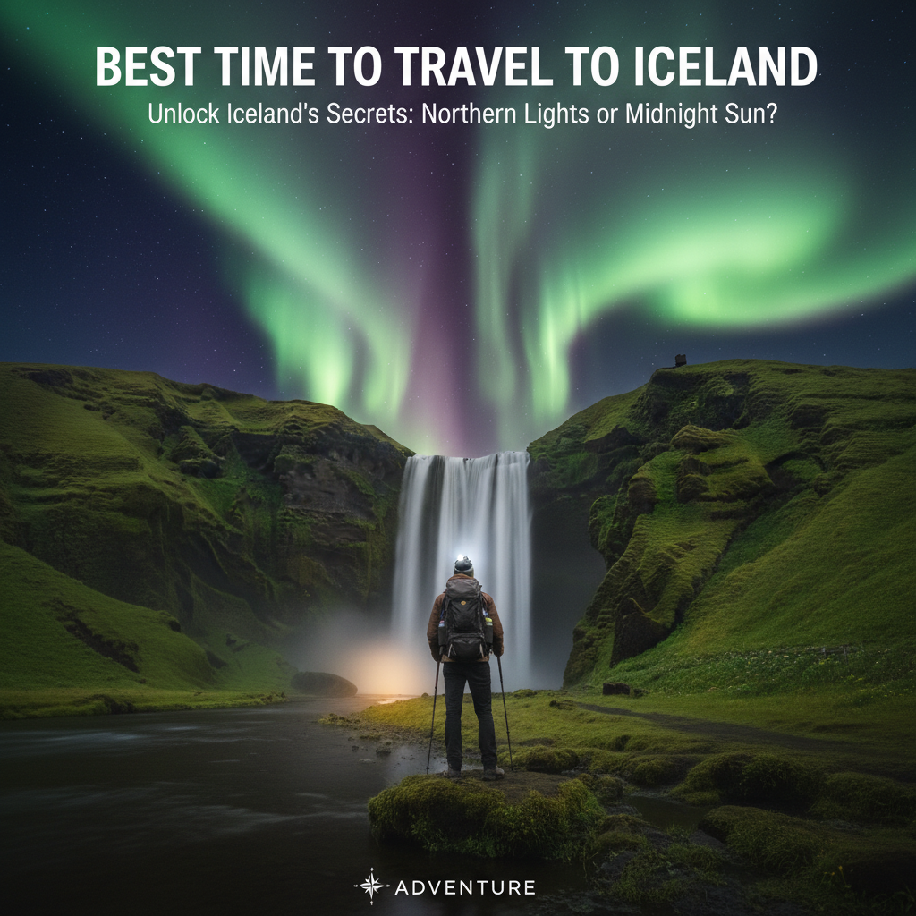 A traveler explores Iceland’s waterfalls and green hills under Northern Lights or midnight sun.
