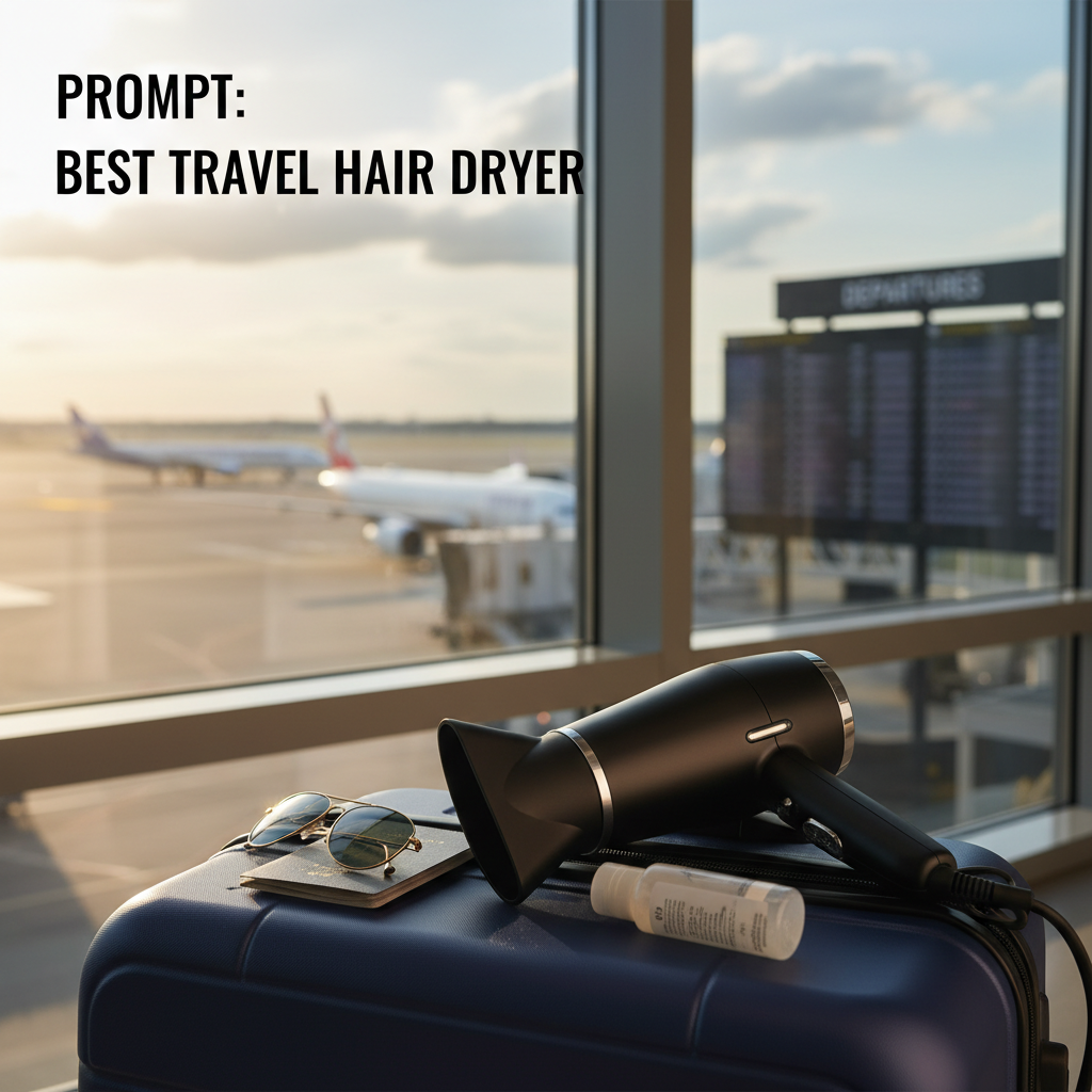 alt_text: Stylish travel hair dryer on suitcase with essentials at airport, ready for stylish adventures.