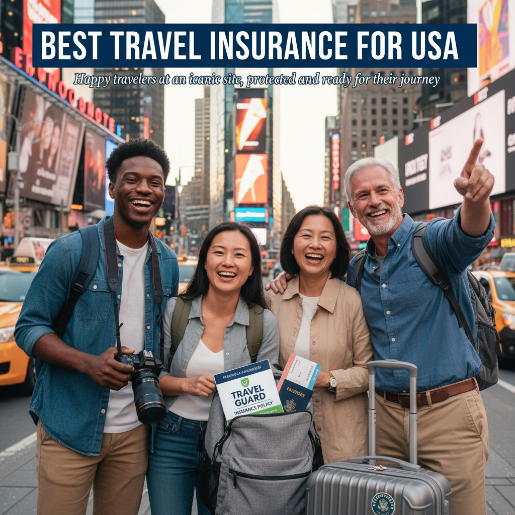 Best Travel Insurance for USA: Happy travelers at an iconic site, protected and ready for their journey.