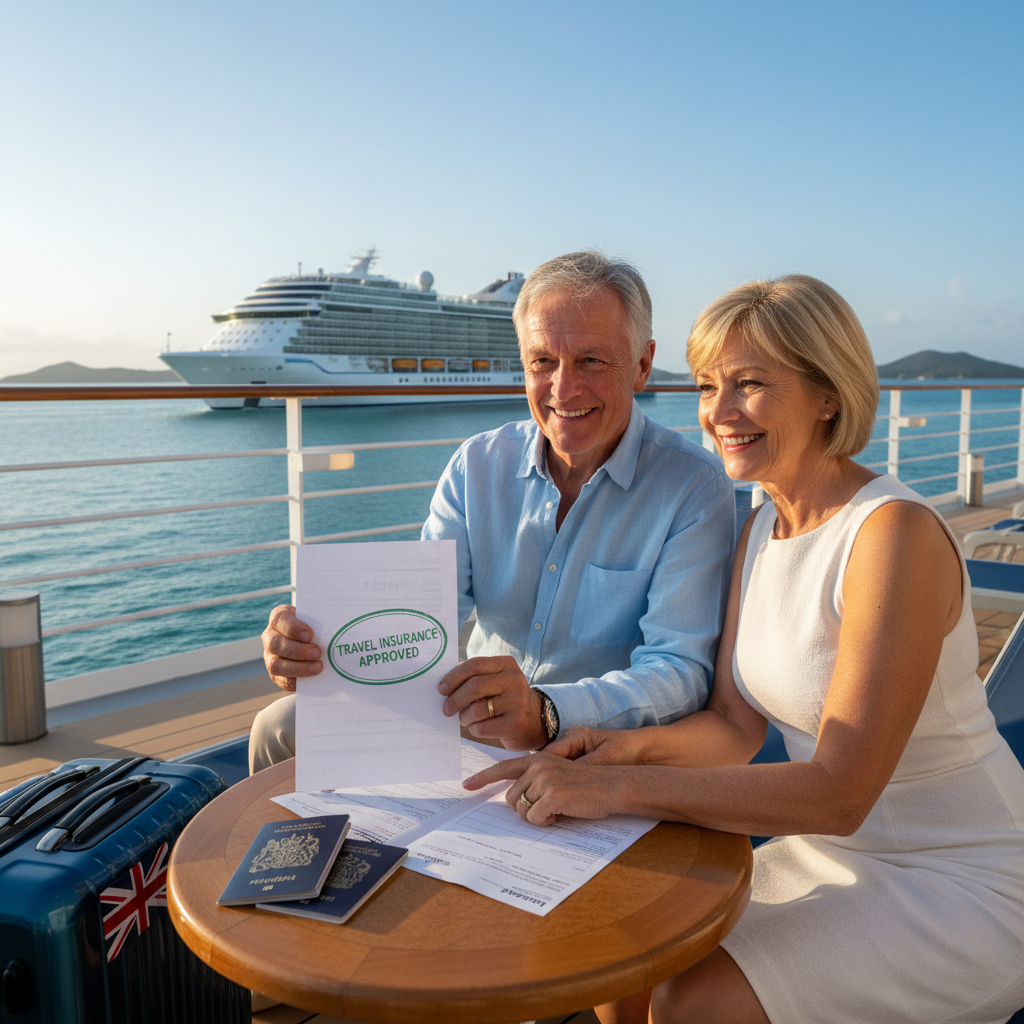 Mature UK couple on cruise with approved insurance, UK icons, and calm sea—secure, carefree travel