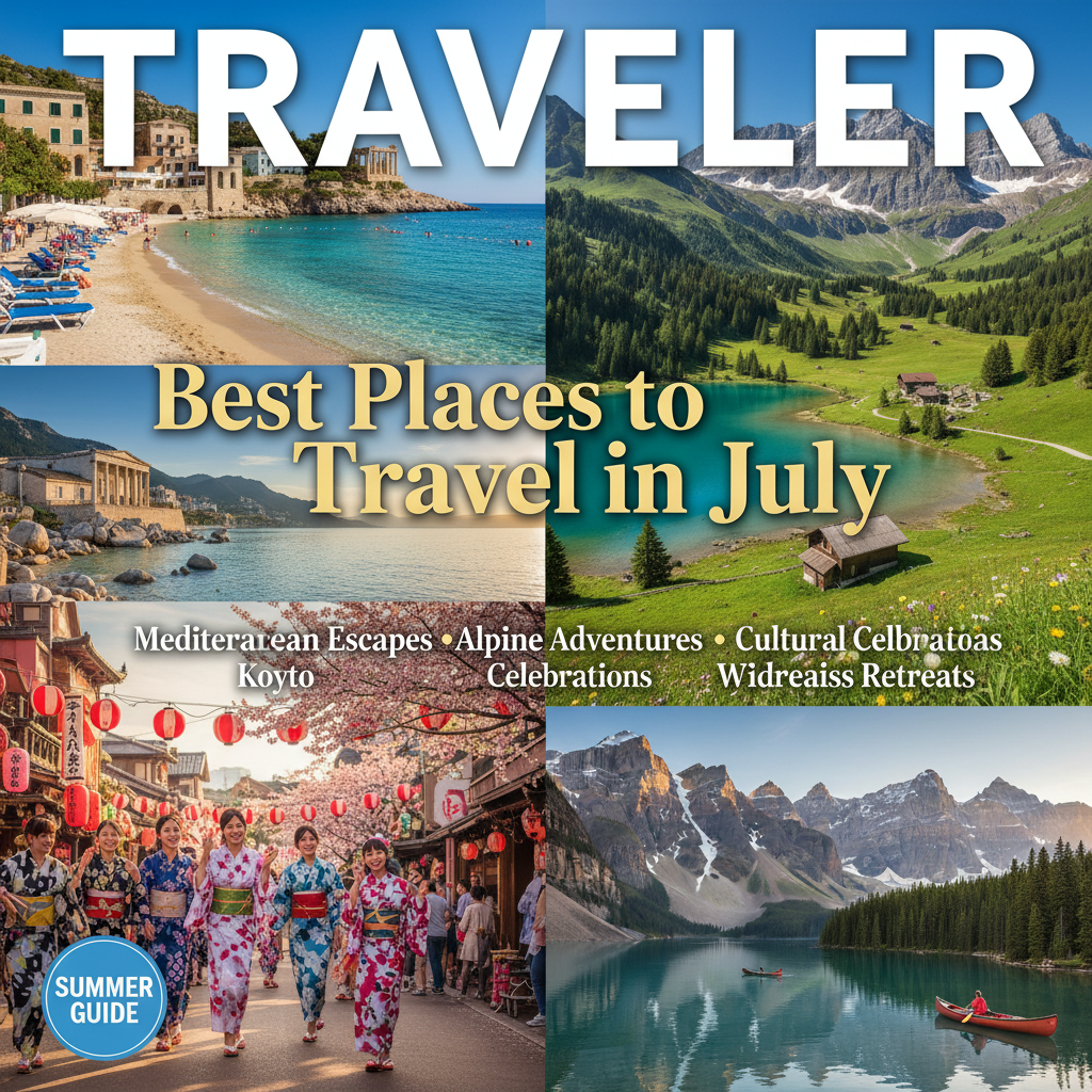 alt_text Vibrant July travel magazine cover with beaches, festivals, meadows, lakes, and global summer highlights.