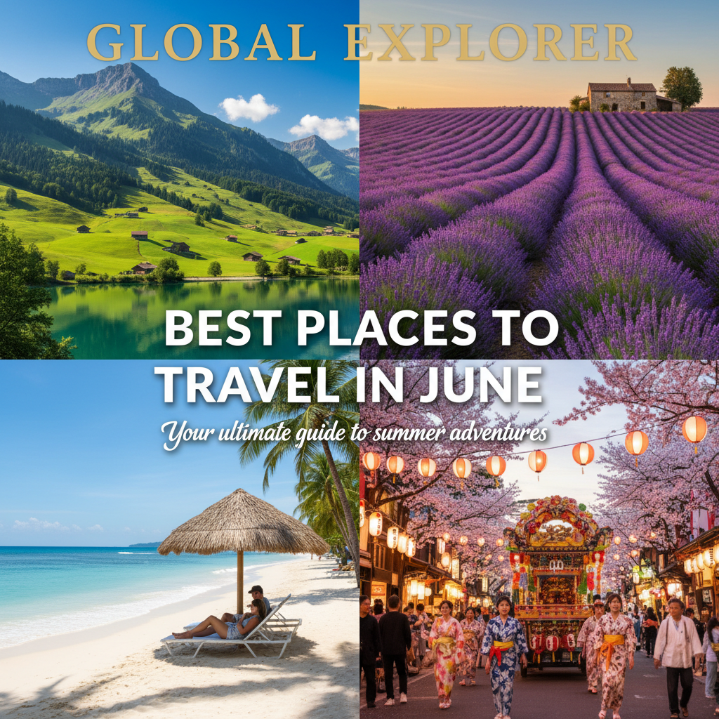 Best Places to Travel in June: Lush Swiss Alps, Provence lavender, Bali beaches, and festive Tokyo streets.