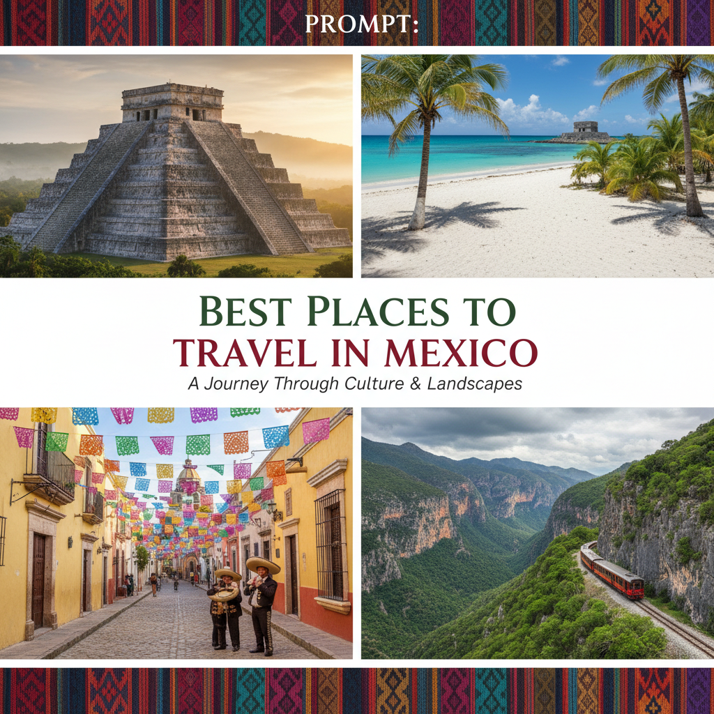 alt_text Vibrant Mexico travel cover with pyramids, beaches, colonial streets, mariachi, and textiles.
