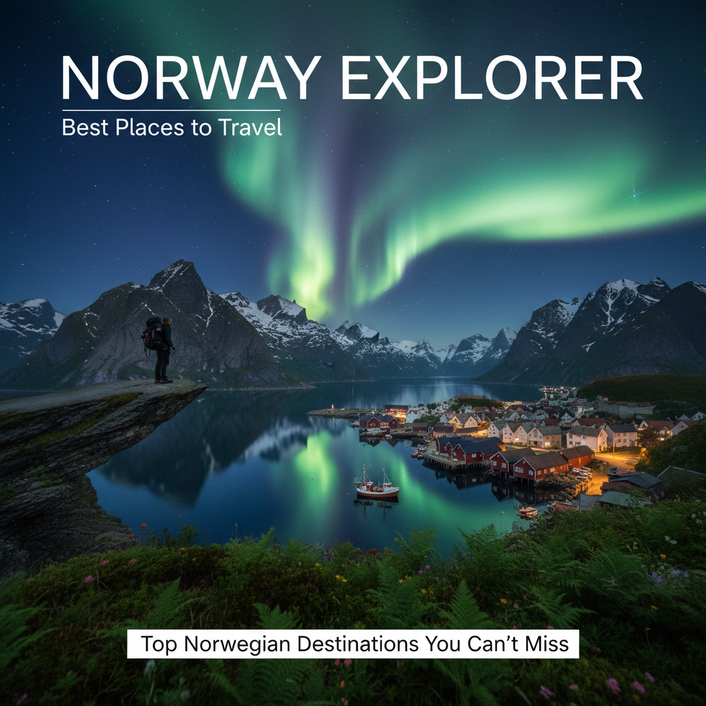 Norway’s best travel spots: fjords, Northern Lights, Bergen homes, hiker on cliff, and fishing boat.