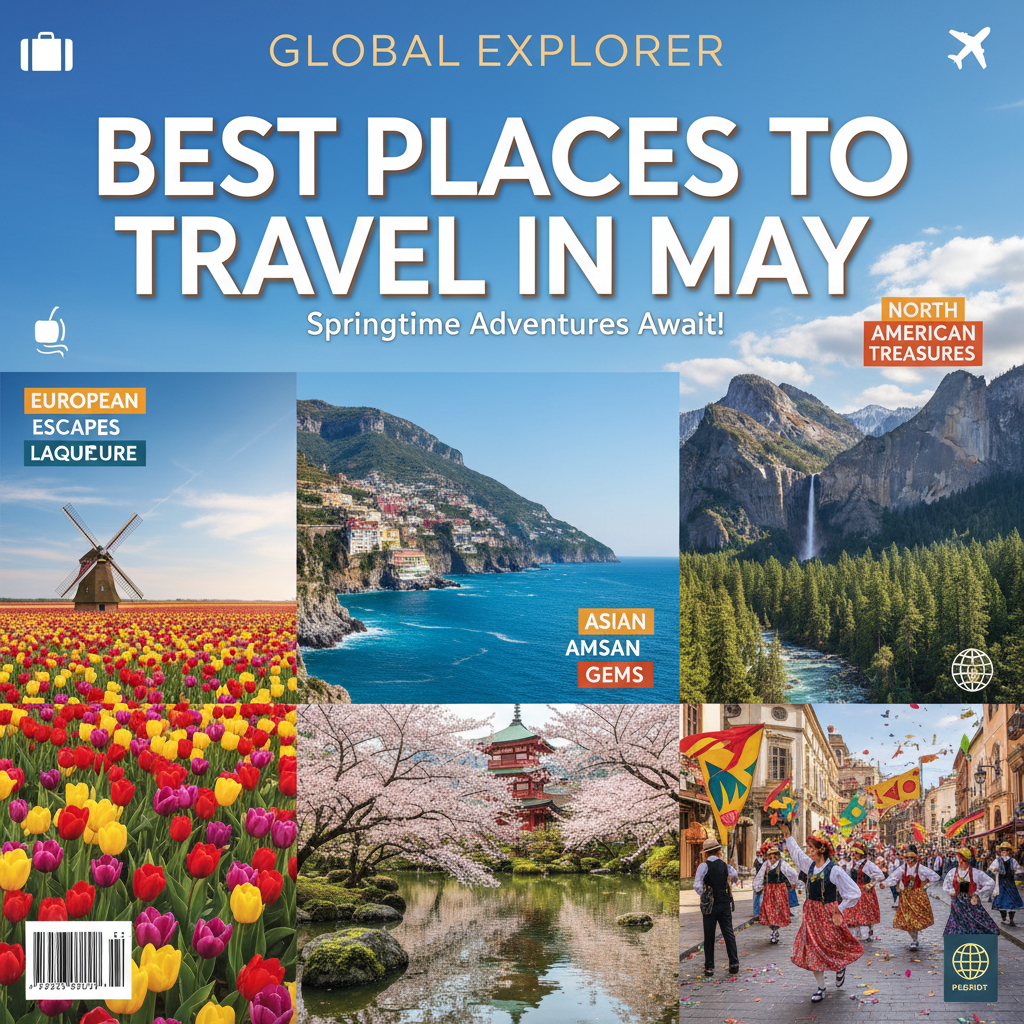 Vibrant magazine cover blending tulips, Amalfi coast, cherry blossoms, festivals, and national parks.